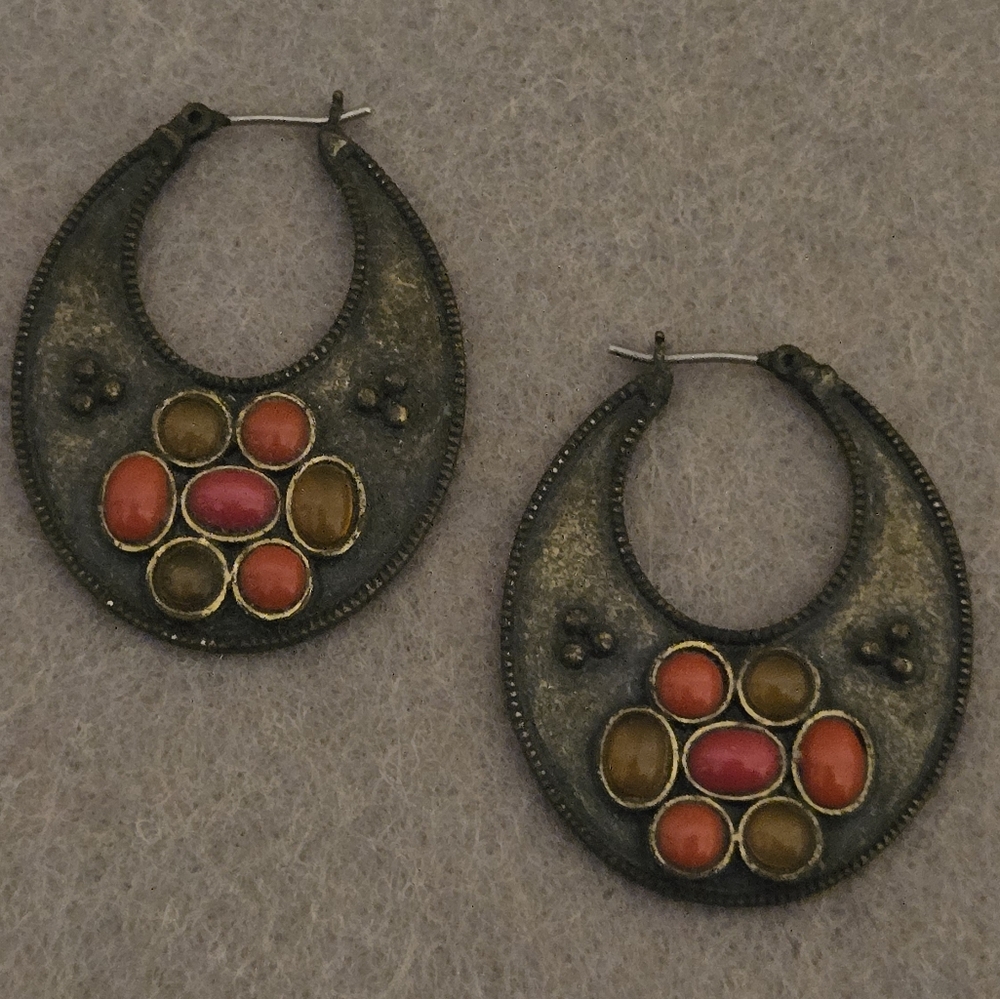 Elegant Hoop Earrings with Red and Gold Accents